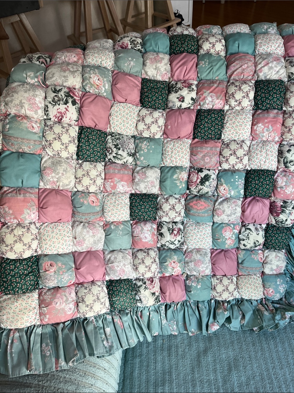 Handmade Pink & Teal Puff Quilt - Floral Patchwork